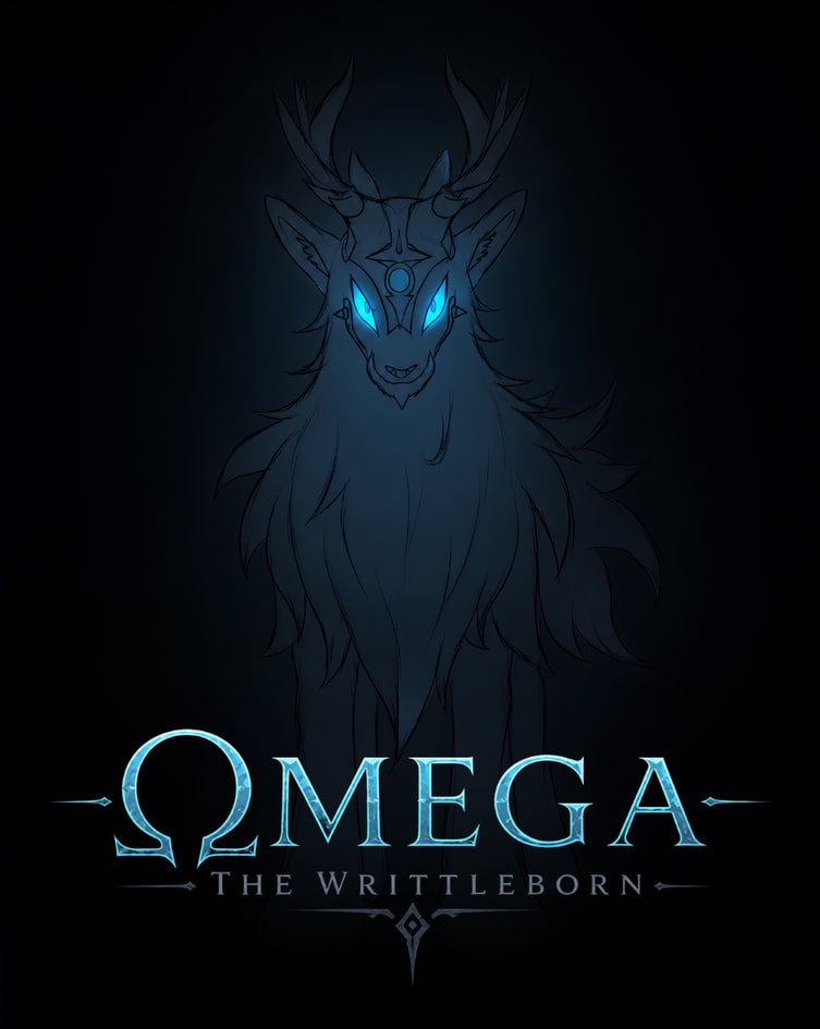 Omega: The Writtleborn — an antlered spirit-beast with glowing blue eyes above the icy Omega logo.