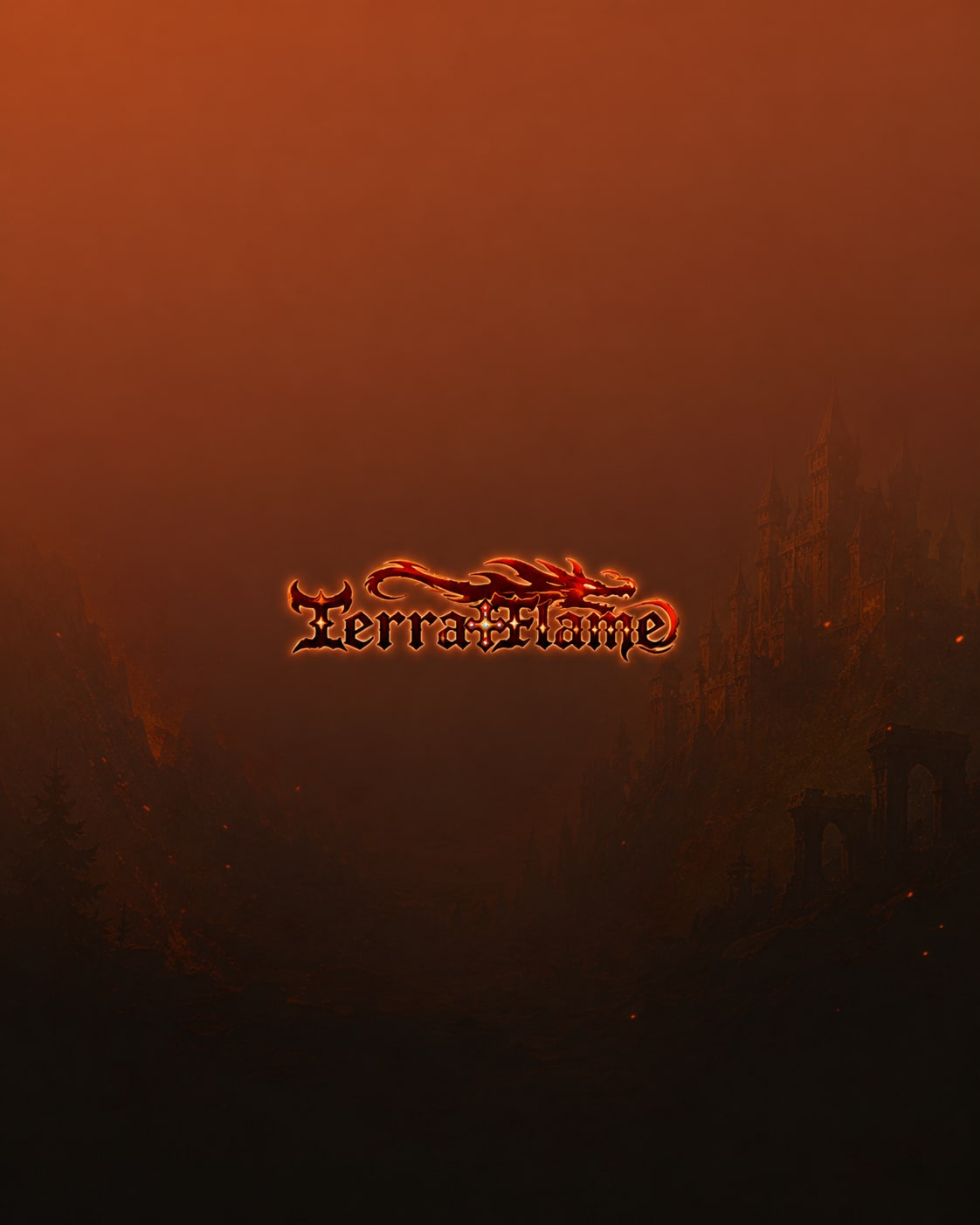 Terraflame — fiery fantasy key art: a dragon-crested logo over a misty, castle-lit valley.